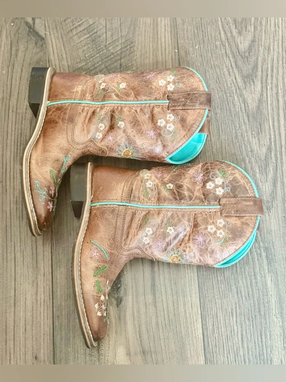 Smokey Mountain Girls Boots Brown/Turquoise Lining and Floral Embroidery Sz 13.5